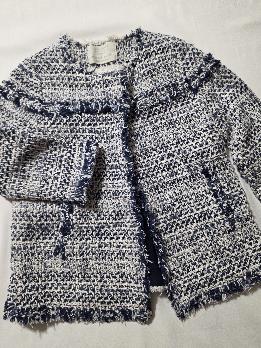 Zara Girls Navy & White Boucle/Tweed Two Snap Swing Jacket - 5/6